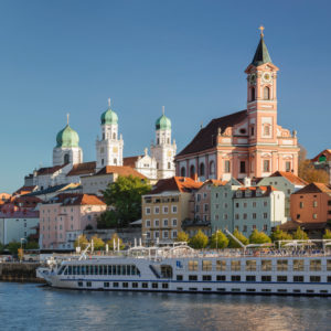 View over the Danube to the cathedral Saint Stephan and parish church St Paul, Passau, Lower Bavaria, Bavaria, Germany View over the Danube to the cathedral Saint Stephan and parish church St Paul, Passau, Lower Bavaria, Bavaria, Germany